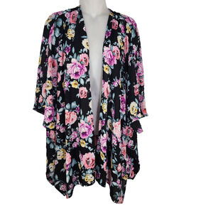 Maurices Kimono Cardian OS Floral Black Lightweight Open Front Relaxed Flowy